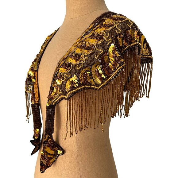 Vintage 1970s Gold Bead & Fringe Chiffon Capelet Shawl Sequin Wrap Scarf